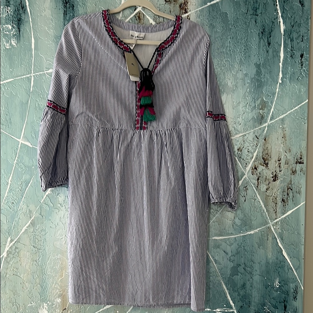 Tommy Bahama Poplin Striped Casual Sundress with Bishop Sleeves